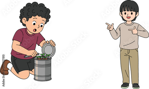Cartoon kids planting seedlings in container and pointing gesture character, educational vector illustration about gardening, sustainability and environmental awareness for children