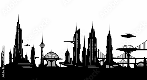Futuristic city skyline with tall buildings.