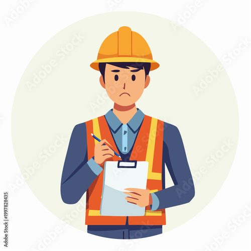 クリップボードを持ちトラブルに悩む現場監督の男性のイラスト