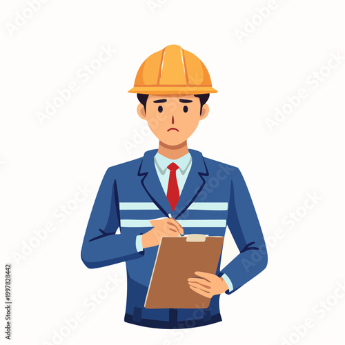 クリップボードを持ちトラブルに悩む現場監督の男性のイラスト
