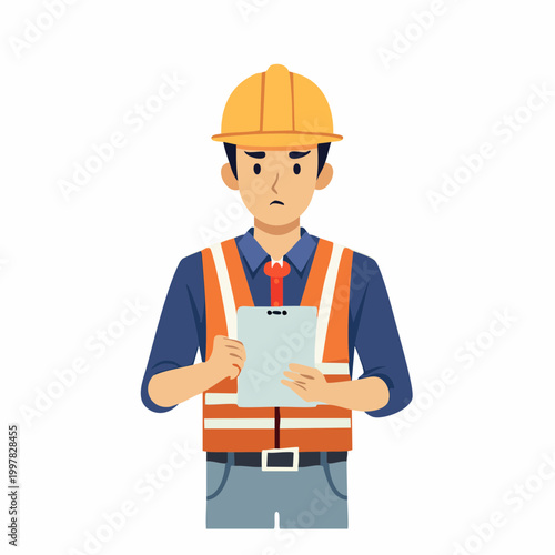 クリップボードを持ちトラブルに悩む現場監督の男性のイラスト