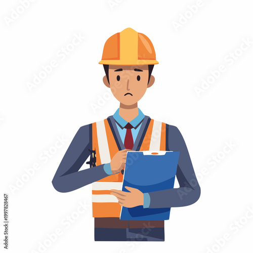 クリップボードを持ちトラブルに悩む現場監督の男性のイラスト