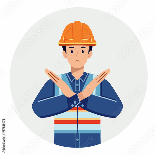 危険を知らせるためにバツ印を作る現場監督の男性のイラスト