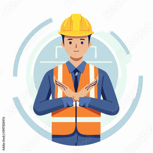 危険を知らせるためにバツ印を作る現場監督の男性のイラスト