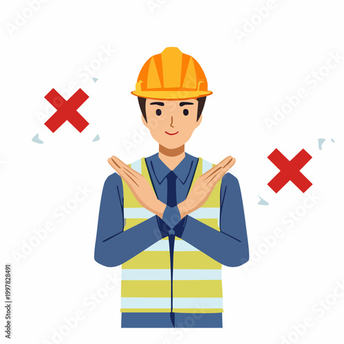危険を知らせるためにバツ印を作る現場監督の男性のイラスト