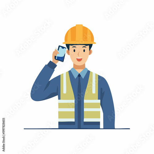 無線機や電話で連絡を取り合う現場監督の男性のイラスト