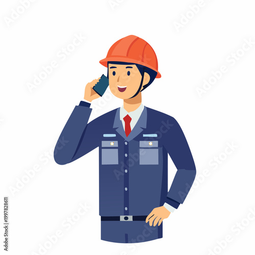 無線機や電話で連絡を取り合う現場監督の男性のイラスト