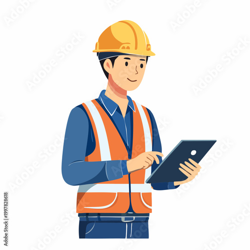 タブレットを活用して建設DXを推進する現場監督の男性のイラスト