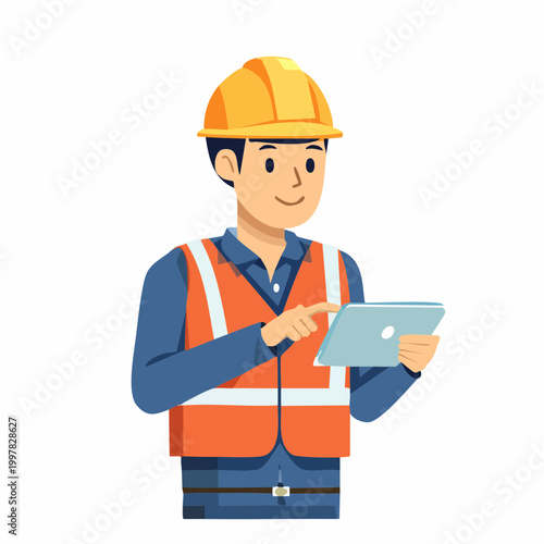 タブレットを活用して建設DXを推進する現場監督の男性のイラスト