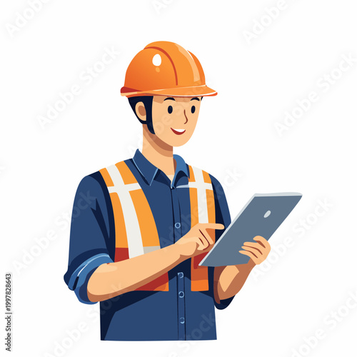 タブレットを活用して建設DXを推進する現場監督の男性のイラスト