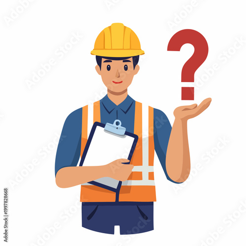 クリップボードを持ち疑問に思う現場監督の男性のイラスト