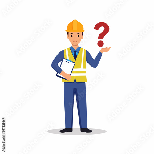クリップボードを持ち疑問に思う現場監督の男性のイラスト