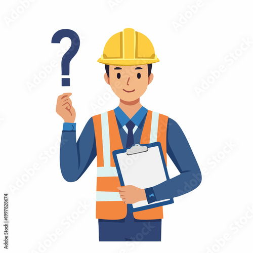 クリップボードを持ち疑問に思う現場監督の男性のイラスト