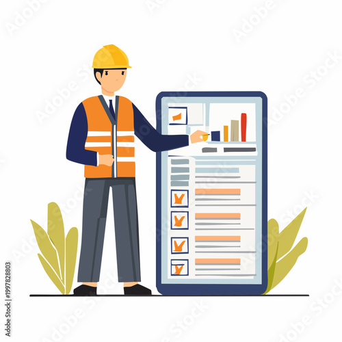 スケジュールや工程表を確認する管理職の男性のイラスト