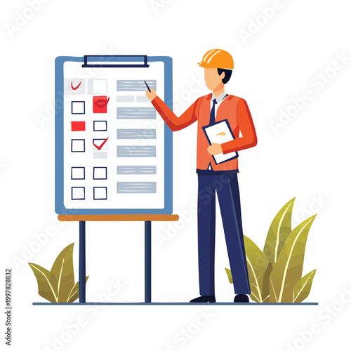 スケジュールや工程表を確認する管理職の男性のイラスト