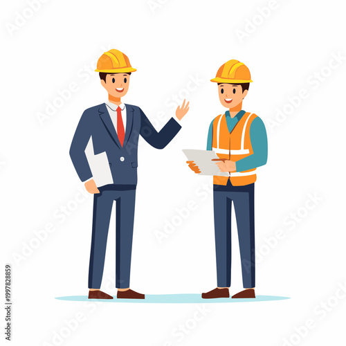 作業員と打ち合わせをする管理職の男性のイラスト