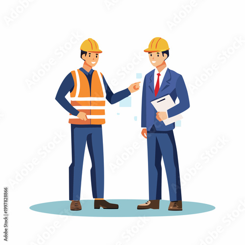 作業員と打ち合わせをする管理職の男性のイラスト