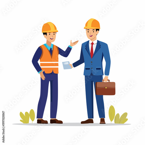 作業員と打ち合わせをする管理職の男性のイラスト