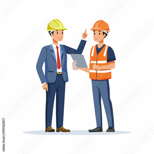 作業員と打ち合わせをする管理職の男性のイラスト