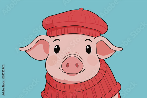 Cute Cartoon Pig in Red Beret and Sweater
