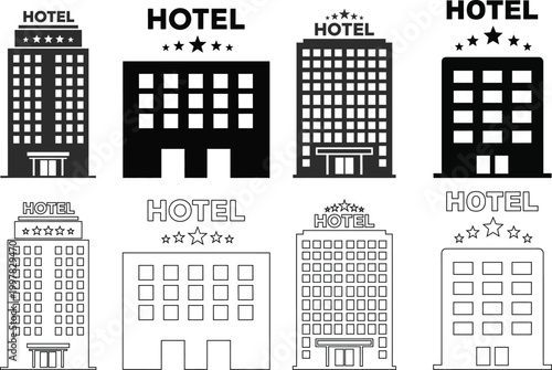 Black and white hotel building icons set architectural designs