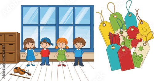 School children standing in classroom with musical instruments and colorful price tags collection, playful vector illustration for education shopping and creative design themes