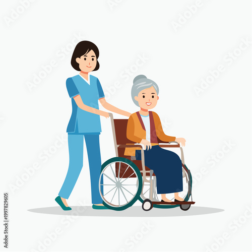 介護士にサポートされる高齢女性のイラスト