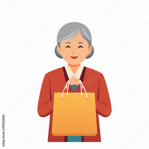 買い物袋を持つ高齢女性のイラスト