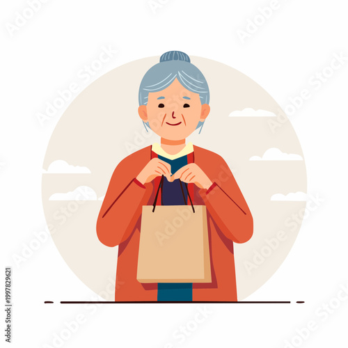 買い物袋を持つ高齢女性のイラスト