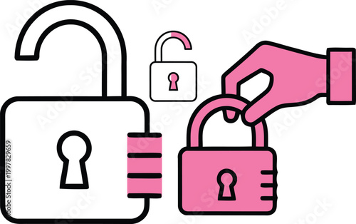 Security and access open and closed locks with a hand interaction