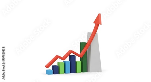 Free Download Multi colored 3D business bar graph with red upward arrow showing economic recovery and positive performance business increase colorful statistics analysis investment performance - GFXLoad
