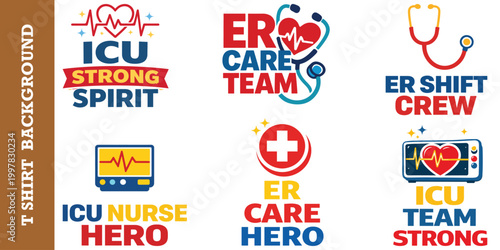 Medical emergency room and intensive care unit typographic badge set for tshirt printing.