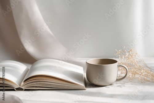 Minimalist Open Book and Ceramic Coffee Mug on Table with Dried Flowers for Cozy Lifestyle Concept