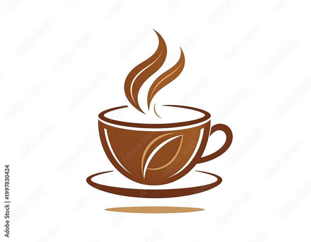 Obraz premium Stylized coffee cup with steam rising, a leaf on the side, and saucer on white background