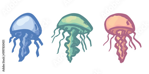Set of hand drawn jellyfish doodle Sea animal illustration Cute marine underwater creature Medusa sketch clipart Single element for web, design, decor, children's print