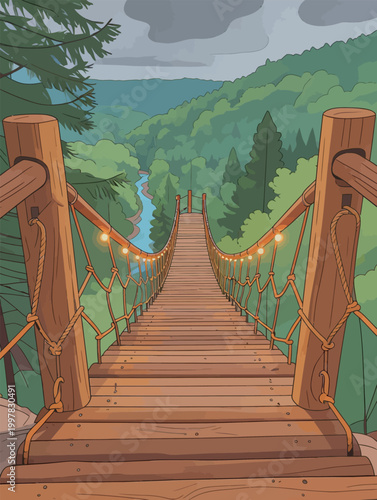 Suspension Bridge Over River in Forest Landscape