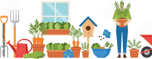 Home Gardening Collection with Plants, Tools, Vegetables, and Gardener Character for Urban Farming, Organic Lifestyle, and Backyard Garden Illustration