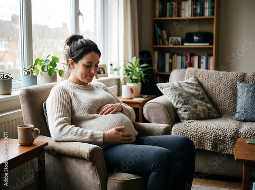 Serene expectant mother cradles her growing baby bump with tenderness and anticipation, relaxing comfortably in her cozy home