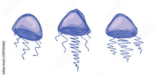 Set of hand drawn jellyfish doodle Sea animal illustration Cute marine underwater creature Medusa sketch clipart Single element for web, design, decor, children's print