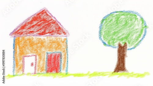 クレヨンで描いた家と木の絵