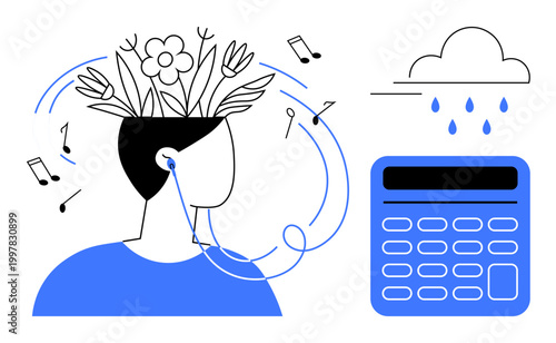 Mental health, creativity, music therapy, mood enhancement, imagination, self-expression. A person with headphones and floral elements emerging from their head, surrounded by music notes and rain