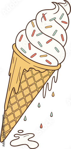 Hand-drawn Vector Ice Cream Cone Melting, Flat Line Art Style,This iconic ice cream design offers a playful aesthetic with a modern pastel color palette. Available in high-quality vector format.