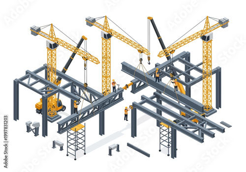 Isometric vector illustration of construction workers assembling a steel frame building with cranes
