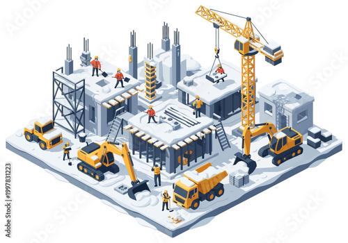 Isometric vector illustration of a construction site in winter with heavy machinery and workers building a new structure