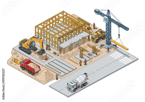 Isometric vector illustration of a construction site with heavy machinery, building materials, and a crane, showcasing industry development