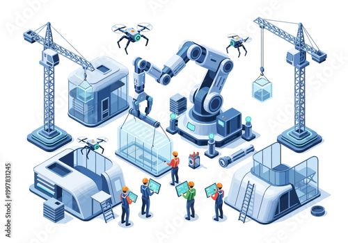 Future construction concept vector illustration of smart building development with automated technology and drones