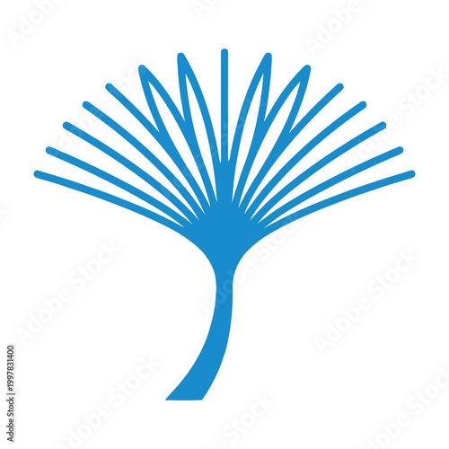 Blue stylized palm tree silhouette on white background