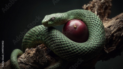 A snake coiled around a branch looking at a glowing forbidden fruit