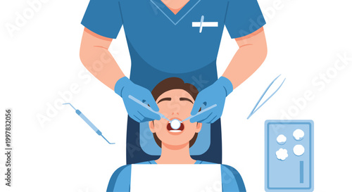 A cartoon illustration of a professional dentist wearing blue scrubs and gloves performing a dental examination on a patient in a bright clinical setting.