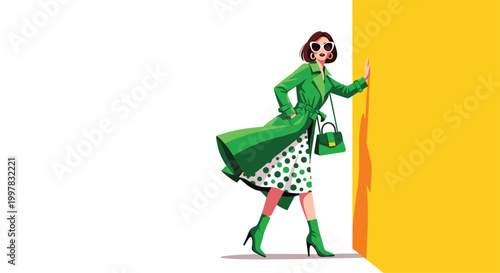 A stylish woman wearing a green trench coat and polka dot skirt leans against a vibrant yellow vertical wall in a bright studio lighting environment.